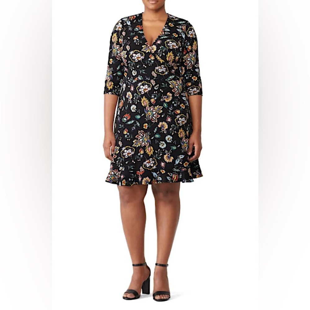 Flattering Faux wrap Leota Dress - Black with Floral jersey knit